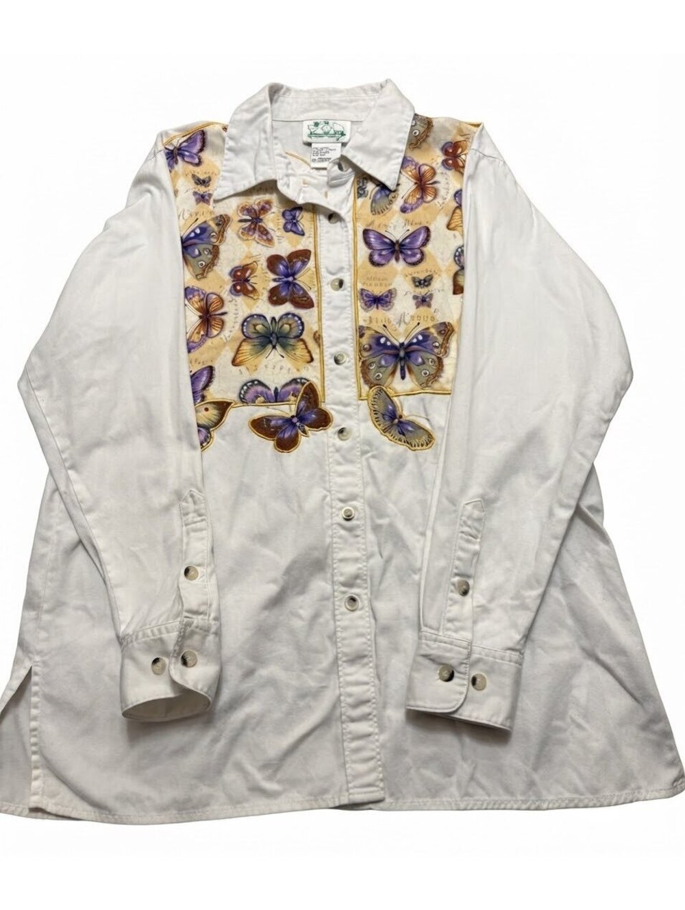 Vintage The Quacker Factory Butterfly Embroidered Button Down Shirt White Medium